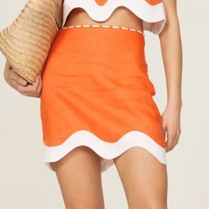 LIKE NEW STAUD Linen Scalloped Skirt, Orange/White, size 2